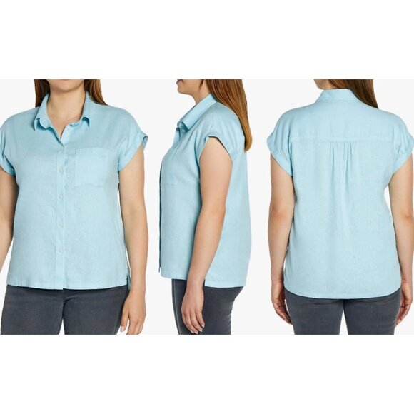 Orvis Womens Button-Up Short Cap Sleeves Linen Blend Light Blue Shirt Size Large - Picture 3 of 6